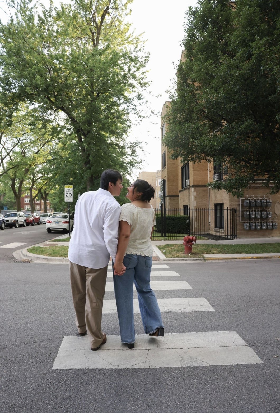 Ethan and Elli crossing a Chicago street together